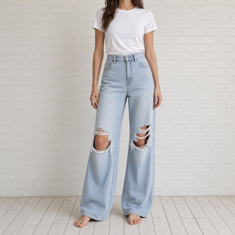 American Eagle Super High-Rise Baggy Wide Leg distressed jeans Sz 14